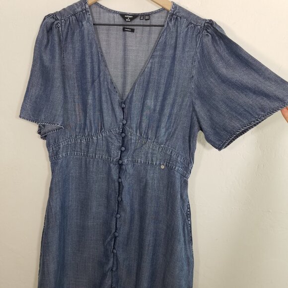 Superdry Curated Chambray V-Neck Dress with Pockets Button Front Blue Size 12 - Picture 2 of 6